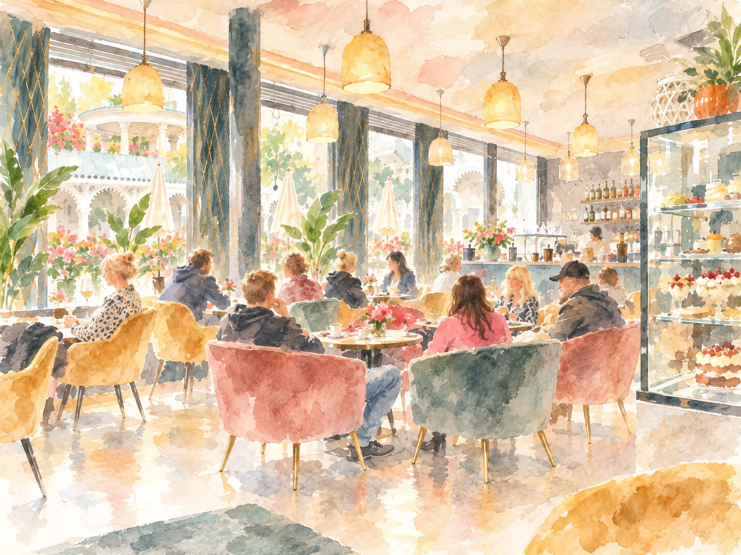 Ilustrace interiéru Café Mattoni v akvarelu